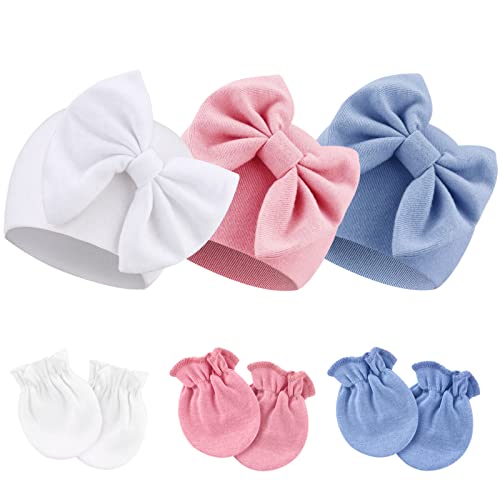 Image of BQUBO Newborn Girls Hats Baby Hat and Mittens Set Infant Caps Bow Hospital Beanie with No Scratch Mittens for Baby Boys Girls