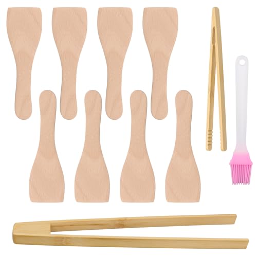 BORISCA 8 PCS Spatule Raclette Bois, Spatule Cuisine Raclette avec 2 PCS Pince en Bois Pince Grille Pain et 1 Brosse à Graisse, Ustensiles de Cuisine