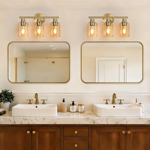 Image of Zarbitta 3-Light Bathroom Light Fixtures, Brushed Gold Vanity Light, Farmhouse Wall Lights with Amber Glass Shades, Bathroom Wall Lamp for Mirror Kitchen Bedroom Hallway Living Room