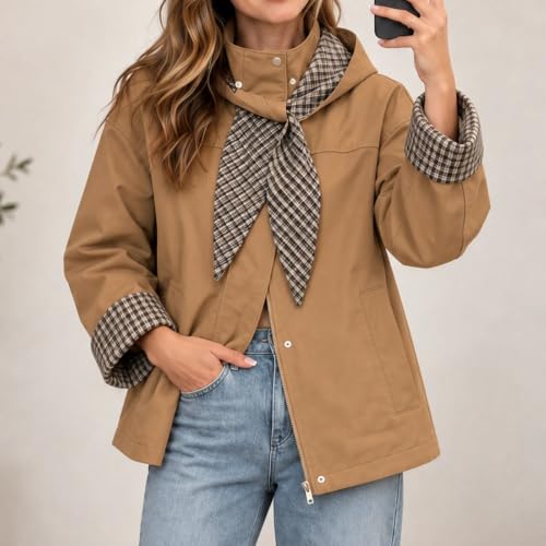 Cropped Trench Coat for Women Fall Winter Jacket with Plaid Hood - image 3