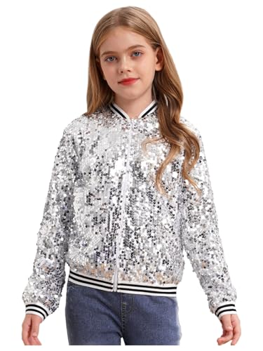 Kids Girls Sequin Bomber Jacket Sparkle Long Sleeve Zipper Baseball Jackets for Hip Hop Modern Jazz2