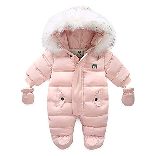 Camidy Infant Baby Boy Girl Winter Snowsuit Outwear Coat Warm Zipper Hooded Footed Romper Jumpsuit Jacket with Gloves Pink
