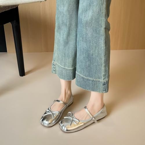 ChaiRong Zhou Women Bowknot Mary Jane Shoes Comfortable Round Toe Pu Leather Flats Buckle Strap Casual Ballet Party Dress Shoes3