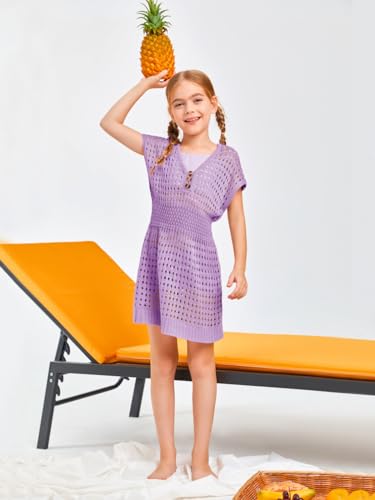 Image of Haloumoning Girls Crochet Swim Beach Cover Up Kids Fashion Button Short Sleeve Swimsuits Cover Ups 5-14 Years