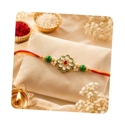 Image of CraftVatika Kundan Rakhi for Brother Boy Men, Designer Kundan Rakhi for Rakshabandhan Festival, Traditional Raki for Bhai, Premium Raksha Bandhan Rakhies for Bhaiya RakshaBandhan Bracelet Set of 1