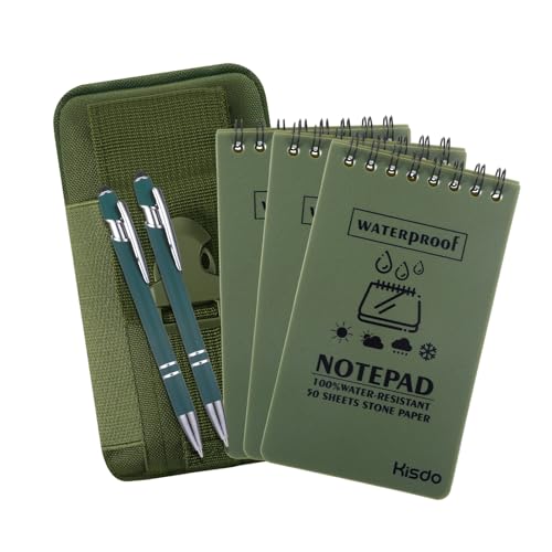 6 Pcs Waterproof Notepad, Set with 3 Waterproof Notebook, 1 Canvas Organizer and 2 All Weather Pen for Field Trip Record, Outdoor Activity Record(Green)