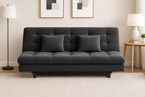 Image of Modern Velvet Convertible 3-Seater Futon Sofa Bed with Tufted Sleeper Couch with Adjustable Backrest- Living Room Furniture-Black-Color