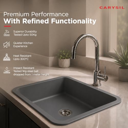 Image of Carysil Q 320 GRANDE Quartz Kitchen Sink 24 x 18 x 8 inches, Single Bowl, 80% Quartz & 20% Resin, Heat Resistant 300C, 50kg Load, Scratch & Stain Resistant, Granite Sink, 304 SS Coupling - Arena