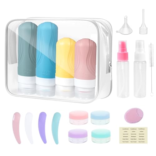 Carehabi Lot de 20 bouteilles à remplir, 90 ml + 60 ml, en silicone, pour voyage, avion, vaporisateur de 30 ml, petites boîtes, gadgets de voyage, pour shampooing, gel douche, cosmétiques liquides