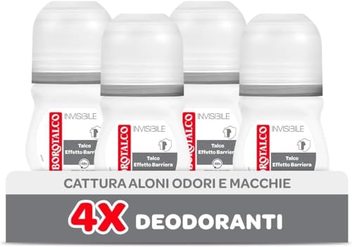 Borotalco, Unsichtbarer Deo Roll-On Grau, mit Talkum-Effekt, fängt und überträgt keine Schlieren, 48 Stunden Wirksamkeit, ohne Alkohol, klassischer Duft – 4 Stück à 50 ml – Exklusiv von Amazon