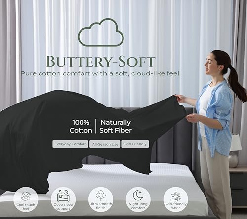 Image of Royale Linens 100% Organic Cotton King Size Flat Sheet Only - Percale Top Sheets - King Flat Sheet Sold Separately - Lightweight & Super Soft 100% Cotton Black Bed Sheets Only (105 inch x 102 inch, Black)