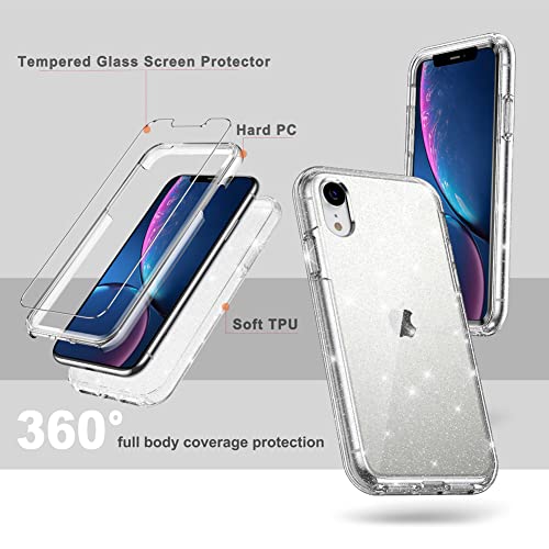 Coolqo Compatible For Iphone Xr Case, With [2 X Tempered Glass Screen Protector] Clear Glitter Sparkle 360 Full Body Coverage Hard Pc+Soft Silicone 3In1 Shockproof Protective Phone Cover #TOP3
