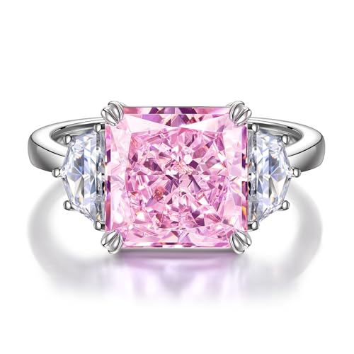 GONA 6CT Pink Diamond Ring for Women, VVS Brilliant Cut 10x10MM Three Stone Ice Gemstone, Tarnish-Resistant Silver Setting Elegant Engagement, Anniversary, Wedding and Promise Jewelry Gift