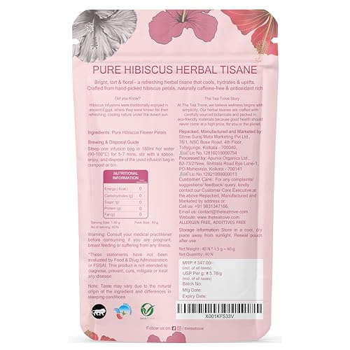 Image of the tea trove Organic Hibiscus Tea Leaves Bags - 40 Eco-Friendly Hibiscus Flower Tea Bags In Resealable Pouch - Caffeine Free | Pack Of 1, 60 Grams
