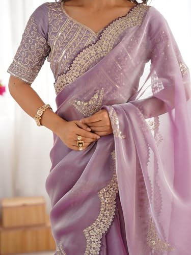 Image of Satrani Women's Tissue Silk Sequin Embroidery Scalloped Border Saree with Unstitched Blouse Piece