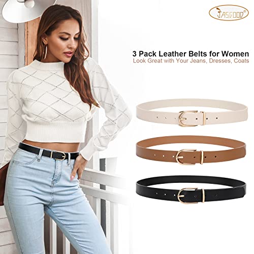 Jasgood 3 Pack Women’s Leather Belts For Jeans Pants Fashion Ladies Belt With Gold Buckle A-Black+Brown+Beige，Fit Waist Size 38"-42" #TOP1