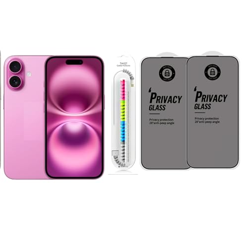 Image of Edge To Edge Privacy Tempered Glass Screen Protector Compatible With iPhone 16 Plus, 9H Hardness, Anti-Fingerprint, FHD Clear With Cable Protector Pack 2