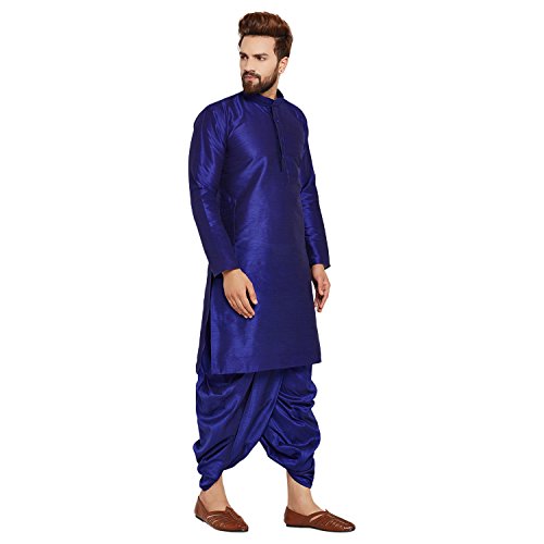 Image of SOJANYA (Since 1958 Men's Off-White and Gold Dupion Silk Dhoti Kurta Set