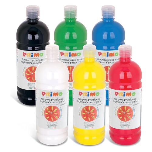 PRIMO - Gouache pour Enfant +3 Ans avec 6 Couleurs Tempera pour Peinture Gouache 1L avec Bouchon Doseur, Couleurs Enfants pour Peindre Papier, Tissu et Verre, Loisirs...