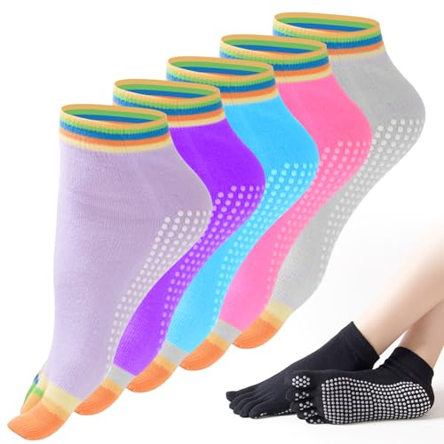 Calcetines Yoga, 4 Pares Calcetines Pilates Mujer Antideslizantes, Algodón Calcetines Dedos Mujer, Algodón Calcetines Dedos, Calcetines Antideslizantes Mujer para Pilates Danza Yoga Artes Marciales