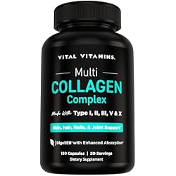 Vital Vitamins Multi Collagen Peptides Complex for Women & Men, 150 Pills | Supports Skin, Hair & Nails, 5 Collagen Types I II III V & X, Grass-Fed Non-GMO Collagen Supplements