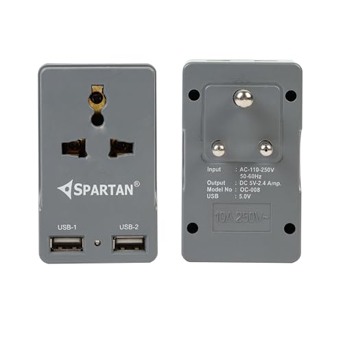 Image of Spartan 3 Pin All Multiplug Charger /Travel Adapter, 10A Power Sockets / 2Pin & 3Pin Socket Adapter with Dual USB Charging Port (Grey, Pack of 1)