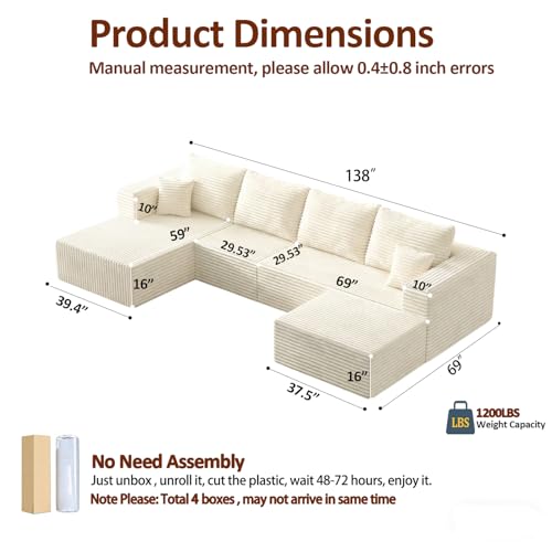 Image of 138 inch Modern Modular Sectional Sofa, U-Shaped Cloud Couch, Soft Corduroy Boneless Couch with 3060 High Rebound Memory Foam, Sectional Couches for Living Room-Beige(Left Facing Chaise)