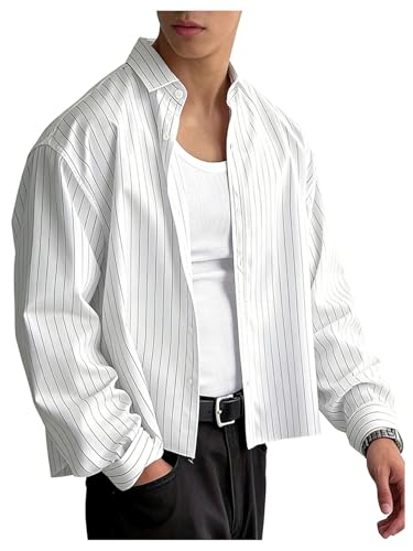 GORGLITTER Mens Long Sleeve Cropped Button Up Shirts Striped Oversized Boxy Button Down Casual Shirt Streetwear White XX-Large