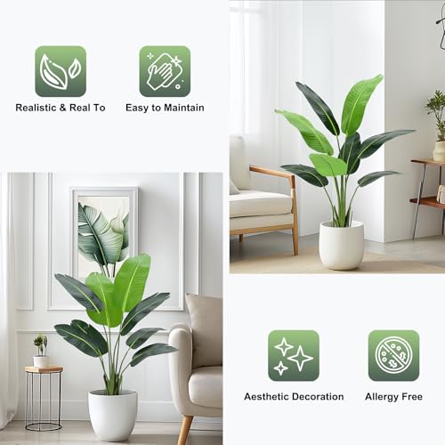 Bird of Paradise Artificial Plant,4FT Faux Tropical Palm Potted Tree Fake Artificial Bird of Paradise Plant for Indoor House Home Office Housewarming