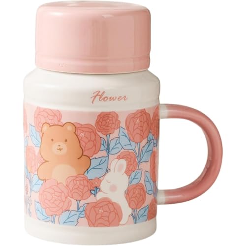 AKILERマグカップコーヒーカップうさぎくまふた付きマグカップティーカップミルクカップハンドル付きセラミックモリンカップティーカップ水筒ティーカップ冷たいやかんかわいいお守り子供用家庭用ゲスト用ビジネス用インテリア洋食器陶器磁器ギフト (ピンク)