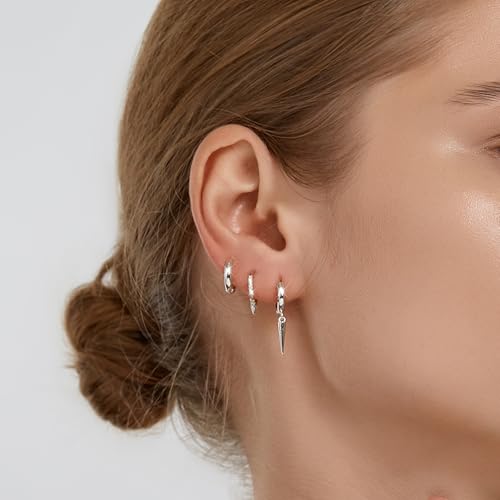 FANZE 3 Pairs Hoop Earrings for Women Dainty Chain Spike Gold Sliver Huggie Earring Set for Multiple Piercing Hypoallergenic Trendy Jewelry Gift4