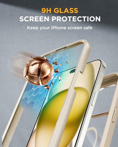 Image of Miracase Glass Series for iPhone 15 Case [Compatible with MagSafe] Full-Body Magnetic Bumper Case with Built-in 9H Tempered Glass Anti-Fingerprint Screen Protector + Camera Lens Protector, Beige