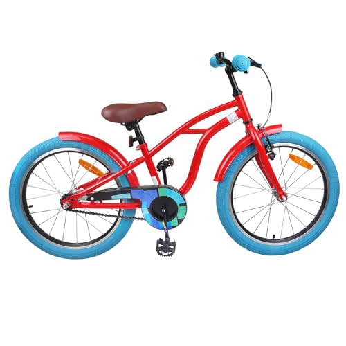 Runheo Bicicleta infantil de 18 pulgadas, color rojo, marco de acero con freno de llanta y freno de contrapedal, 1 marcha, 10,2 kg, con timbre, guardabarros y soporte, para 5-7 años, cómodo sillín