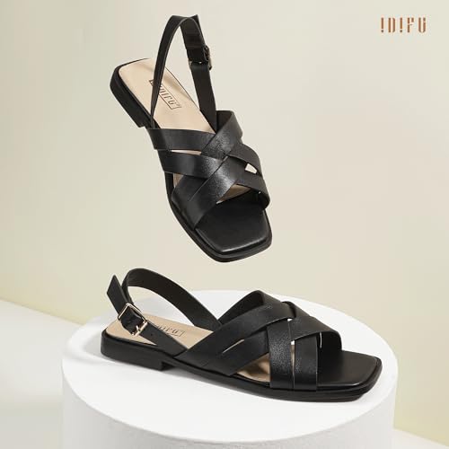 IDIFU Strappy Flat Sandals for Women Square Open Toe Summer Beach Dressy Dress Ladies Comfortable Cute Comfy Trendy Casual Buckle Slingback Sandals with Back Strap 6