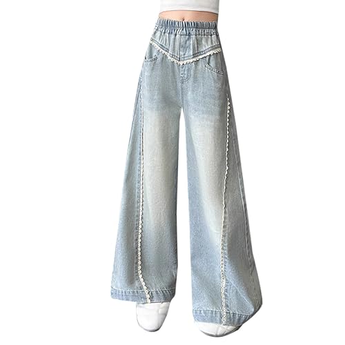 Kids Girls Jeans Wide Leg Denim Pants Lace Trim Elastic Straight Trousers Trendy Preppy Y2k Streetwear with Pockets