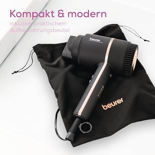 Foto von Beurer HC 35 Haartrockner, kompakter Föhn mit Ionenfunktion für glänzendes & geschmeidiges Haar, inkl. Stylingdüse, leistungsstarke 1600-2000 Watt, elegante LED-Anzeige, Aufbewahrungstasche, schwarz