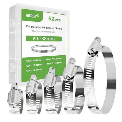 RRRST 52pcs Abrazaderas de Manguera Kit 6mm-38mm, 304 Acero Inoxidable, para Piscinas, Lavadoras, Fontanería, Automoción, 5 Tamaños Diferentes Abrazaderas de Tubo Set