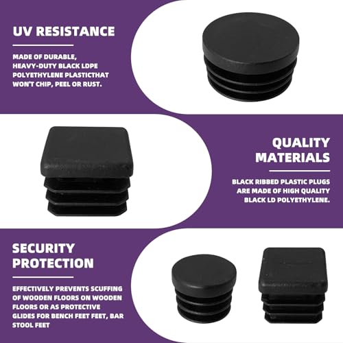 Image of 200Pcs End Caps for Tube 3 /5 inch 3 /4 inch 55 /64 inch 1 inch 1-1 /5 inch Black Round Plastic Plug Square Tubing End Caps Kit, Tubing Post End Cap Plastic Plugs for Metal Tubing Pipe Furniture Protection