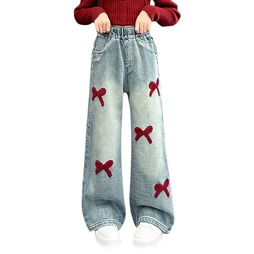 Jeans for Girls Baggy Wide Leg Cute Bow Love Heart High Elastic Waisted Denim Pants Y2K Streetwear Preppy Clothes 5-14Y