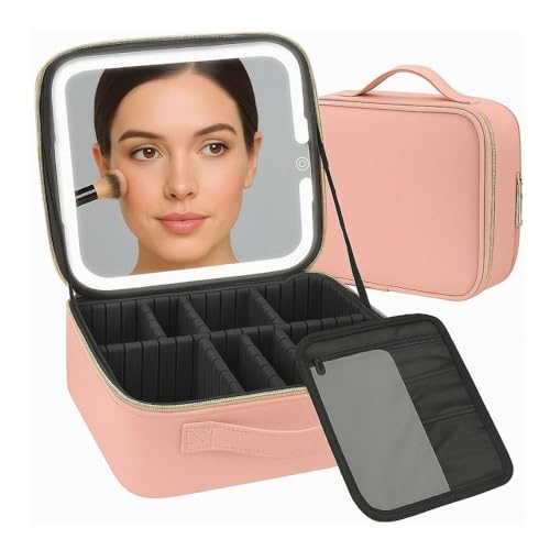 Bolsa de Couro Premium para Maquiagem Profissional com Espelho de Luz LED Recarregável – Maleta Organizadora Makeup Case Portátil com Luz Branca, Neutra e Quente, Estojo de Cosméticos. (Rosa)