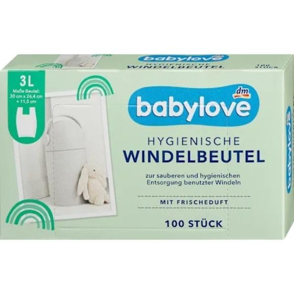 Babylove Windelbeutel mit Tragegriff, Hygienische Entsorgung, Frischeduft, Praktische Klappöffnung 100 beutel