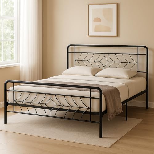 Image of Vara Metal Queen Size Bed Without Storage | Wrought Iron Double Bed with Headboard & Footboard | Sturdy Powder Coated Platform Bed Queen Size Cot for BedroomLivingRoom Black (75x60)