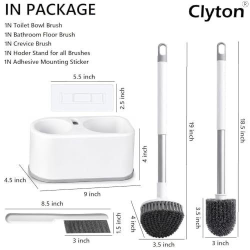 Image of Clyton 3 in 1 Toilet Brushes Holder Set | Toilet Cleaning Set with Under-Rim Curved Brush, Round Bowl Scrubber, Slim Crevice Detail Brush | Wall Mounted & Floor Standing | Quick Dry Bathroom Brush Set