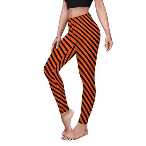 Eciodci Women's Halloween Leggings Pumpkin Design Striped High Waisted Stretchy Tight Pants for Workout Cosplay Party