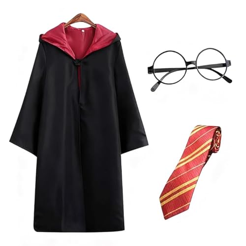 DAJASD Magier Robe, 5 PCS Zauberer Kostüm mit Cape, Magic Wand, Glasses, Tie und Halskette, Cosplay Kostüm Kostüme für Jungen Mädchen Karneval Cosplay