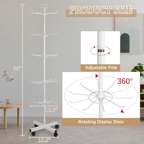 Image of 5-Tier Metal Spinning Display Stand Rack with Wheels, Keychain Jewelry Stocking Hat Display Stand, White