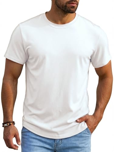 Runcati Herren T-Shirt Rundhals Oberteile Männer Sommer Kurzarm Vintage Tee Tops Basic Einfarbig Lockere Tshirts Sport Freizeit Shirts Weiß M