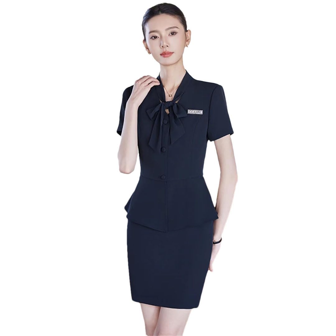 Womens Solid Color Short-Sleeved V-Neck Single-Breasted Bow-Decorated Suit Skirt Two-Piece Suit