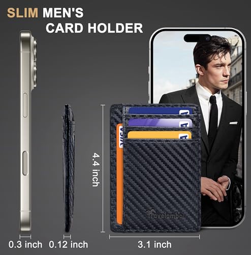 Image of Travelambo Slim Wallet Front Pocket Minimalist Leather RFID Blocking Medium Size (Carbon Fiber Black)