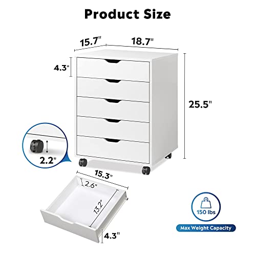 Devaise 5-Drawer Chest, Wood Storage Dresser Cabinet With Wheels, White #TOP2